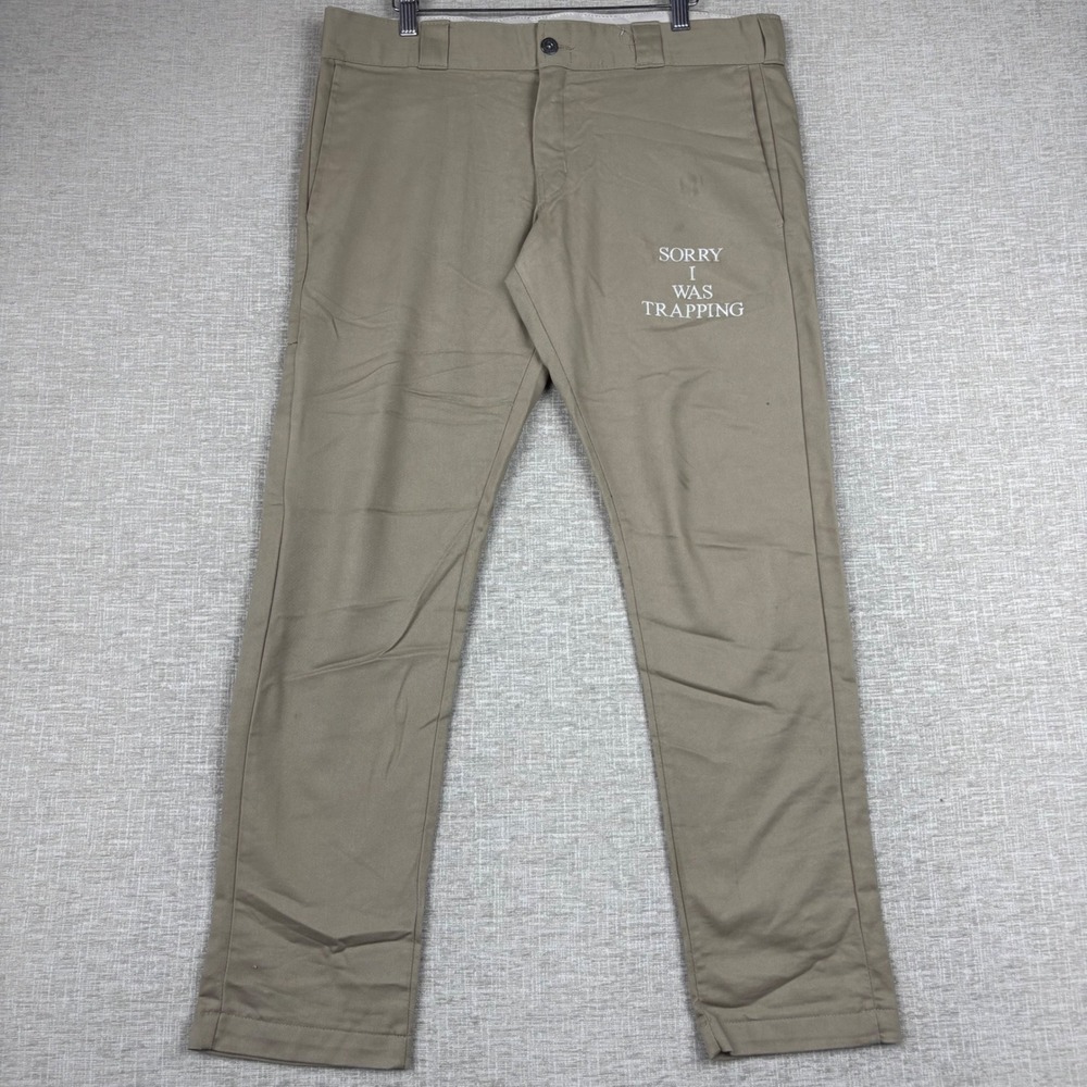 Dickies Mens Sorry I Was Trapping Graphic Work Pants Khaki Tan 34x30